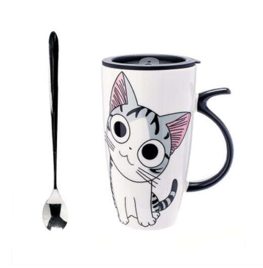 20.3 oz. Cartoon cat ceramic mug with lid and spoon