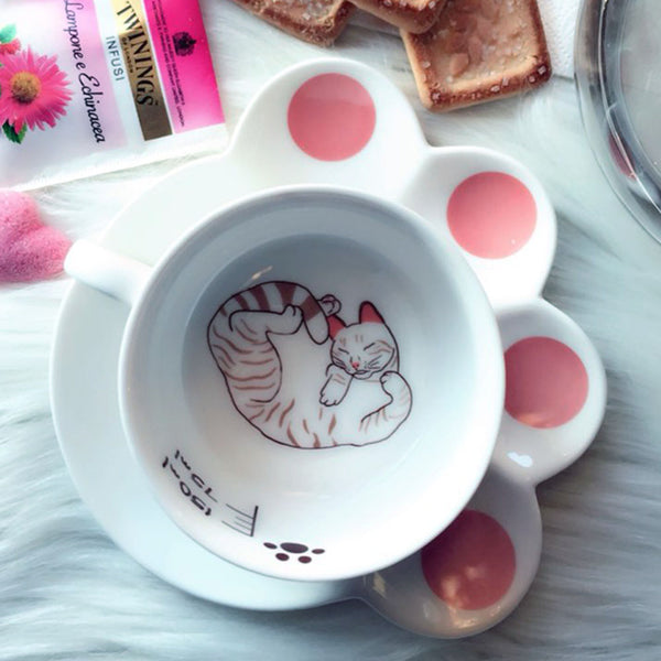"Sleepy Cat" Tea & coffee set: mug and paw-shaped plate