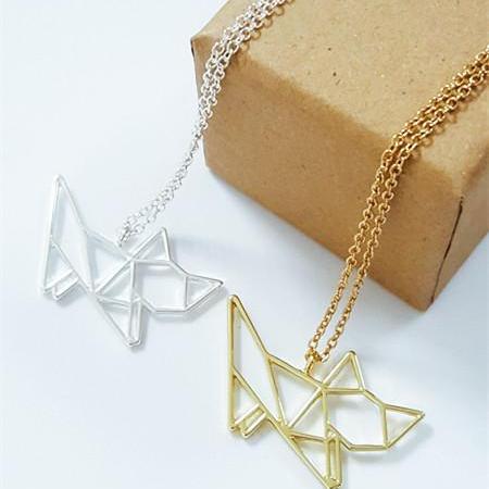 Origami silver or gold cutout Cat Necklace